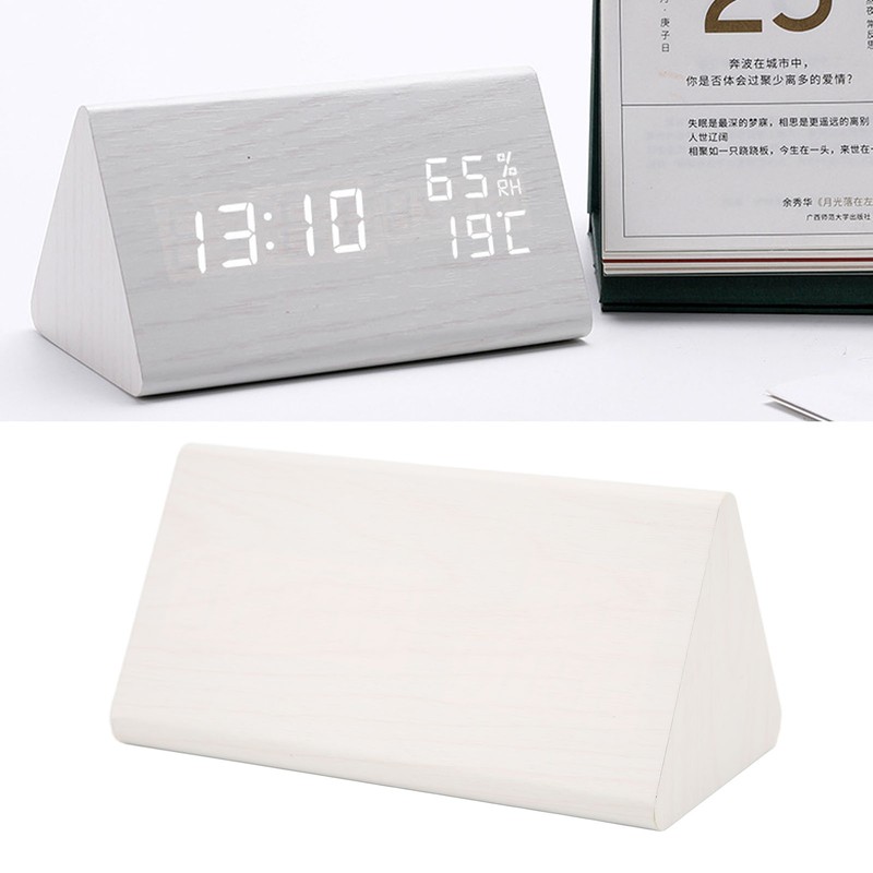 Triangular Wood Clock Adjustable Brightness Sound Control Temperature Display 12/24