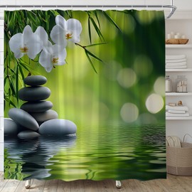 YSATNSFT Spa Shower Curtain Zen Garden Green Bamboo Black Stone Floral Water Relax Nature Japanese Asian Fabric Bathroom Decor Set with Hooks,(70" WX70 H)
