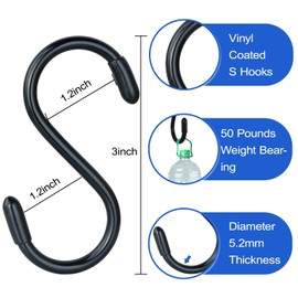 3 Inch Vinyl Coated S Hook,S Hooks for Hanging Plants ,10 Pack Non Slip Heavy Duty S Hooks ,Small Rubber Coated Steel Metal Black Closet S Hook for Hanging Jeans Plants Jewelry Pot Pan Cups Towels