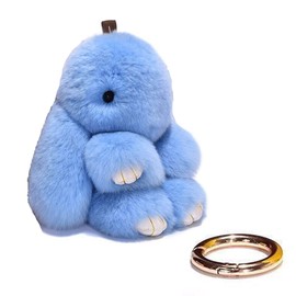 Xsclpomddy Bunny Keychain Cute Rex Rabbit Faux Fur Pompom Keychain Car Handbag Lovely Keyring Charm Ring,light blue,7in