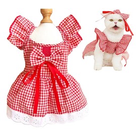 ANIAC Plaid Dog Dress with Leash Ring Girl Dog Clothes for Small Dog Bow Decor Red Cat Dress for Cat only Holiday Puppy Clothes for Chihuahua Yorkie dachshund Pomeranian (Small, Plaid)