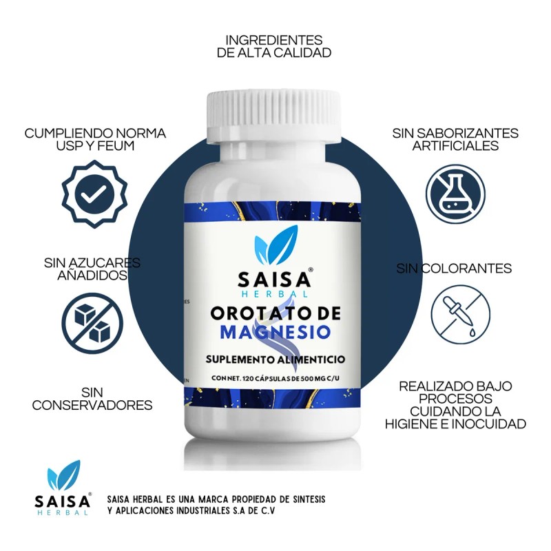 Orotato De Magnesio 100% Puro De 120 Cápsulas Saisa Herbal
