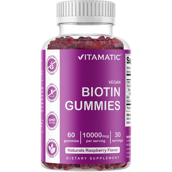 Vitamatic Biotin Gummies 10,000 mcg for Stronger Hair, Skin & Nails - 60 Vegan Gummies - Also Called Vitamin B7
