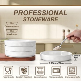 Herogo Pasta Bowls Set of 4, 34oz Stoneware Large Wide Shallow Plates and Stackable Serving Ceramic Bowls Dishes Sets for Salad Soup Cereal, Microwave & Dishwasher Safe, Speckled White