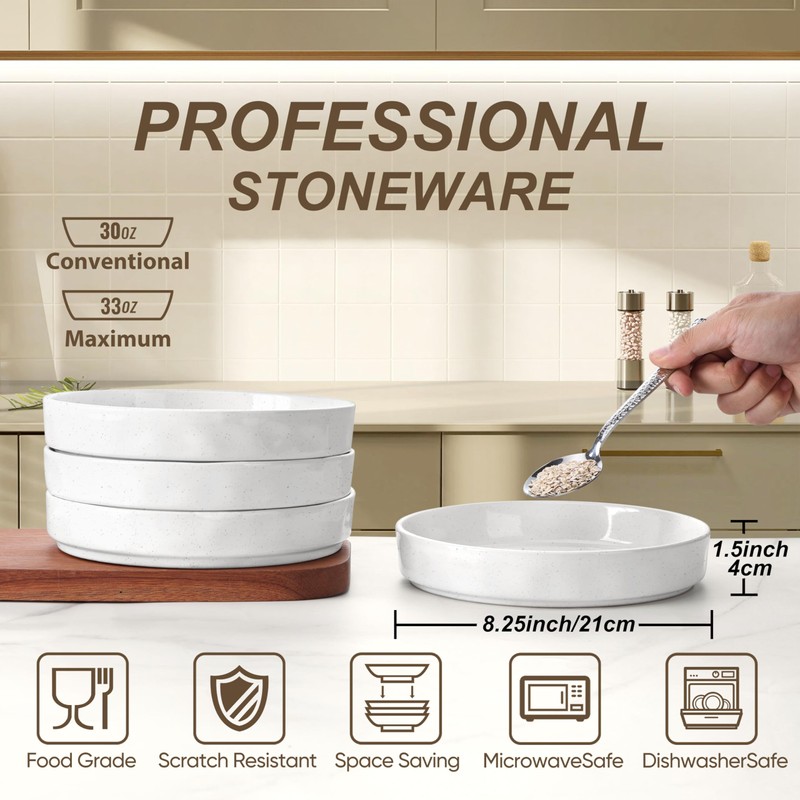 Herogo Pasta Bowls Set of 4, 34oz Stoneware Large Wide