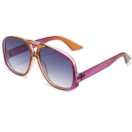 NULOOQ Retro Square Oversized Aviator Sunglasses for Women 70s Trendy Big Large Frame Double Bridge Sun Glasses (Purple Frame/Gradient Gray Lens)