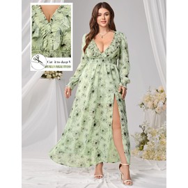 EYWOL Green Floral Dresses for Women:Long Sleeve Wedding Guest Dress - Plus Size Maxi Dresses for Curvy Women - Light Sage Green Dress