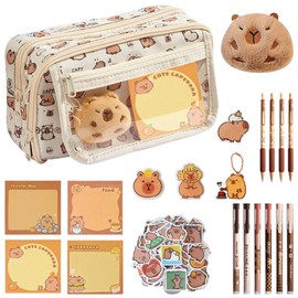 Joyesplay Cute Plush Large Capacity Pencil Case,Cute Transparent Plush Stationery Organizer with Layers,Waterproof & Durable,with Stickers,pens,notepads,Clips,Plush Dolls,Pendants + brooches