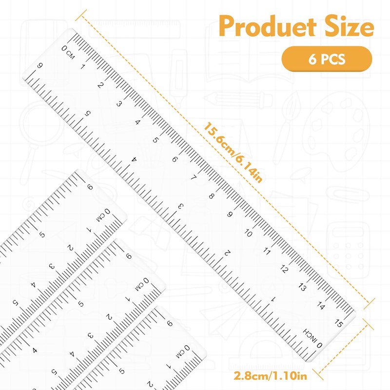 6 Pack Clear Ruler,15cm/6-inch Clear Plastic Ruler, Shatterproof Rulers,Thick Plastic