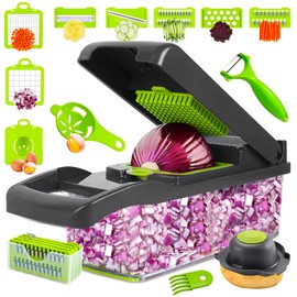 kitchenvelly 16-in-1 Vegetable Chopper with 8 Blades, Veggie Slicer & Dicer, Food Chopper with Container & Lid, Onion Chopper, Salad Chopper