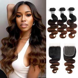 AUROO Chestnut Brown Ombre Body Wave 3 Bundles with 5x5 Closure Human Hair 20 22 24+18, 10A 3 Tone Medium Brown Colored Wavy Human Hair Bundles with HD Lace Closure Free Part #T1B/2/30 Ombre Remy Weft