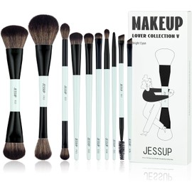 Jessup Juego de Brochas de Maquillaje 10pcs Brochas Maquillaje de Doble Punta para Base,Contorno,Rubor, Mezcla,Sombra de Ojos,Delineador de Ojos, Pincele Corrector de Cejas,Cian Brillante T500