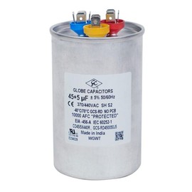 Capacitor (Round) 45+5uF ±5%, 45/5MFD, 370V/440V Dual Element CBB65 Motor Run, Recognized by Underwriters Laboratories (UL): GLOBE CAPACITORS