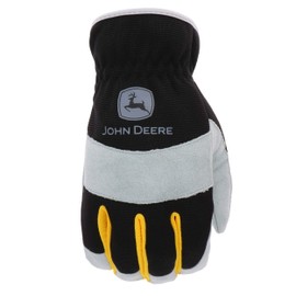 West Chester John Deere JD86020-L Split Cowhide Palm Gloves – Yellow/Grey/Black, Large Spandex Back Gloves with Shirred Elastic Wrists