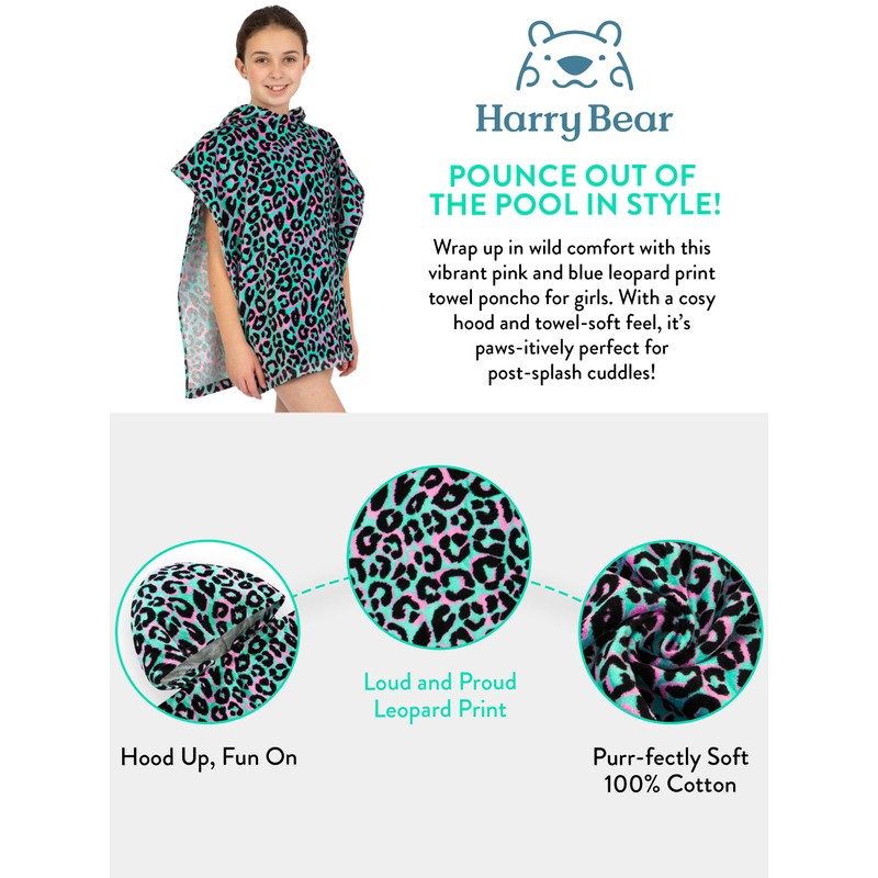 Harry Bear Girls Towel Poncho, Leopard Print Kids Towel Poncho,