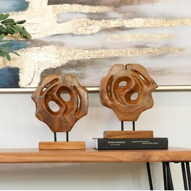WELLAND Set of 2 Teak Abstract Handmade Sculpture Live Edge Home Decor Statue,9.75"x3.5"x12.25
