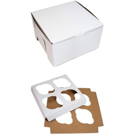 Made in USA 7" X 7" X 4" Recycled White Kraft Boxes for 4 Cupcakes & Inserts (Pack of 10 – Front Loading)