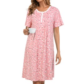 AVIIER Nightgowns for Women Soft Cotton Night Gowns Short Sleeve Sleepwear Comfy Night Shirts Pink Floral M