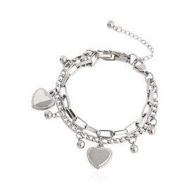 Peasimy Double Layered Heart Pendant Bracelet for Women Gold Stainless Steel Multi Chains Bracelet with Ball and Heart Jewelry Gifts (Silver)