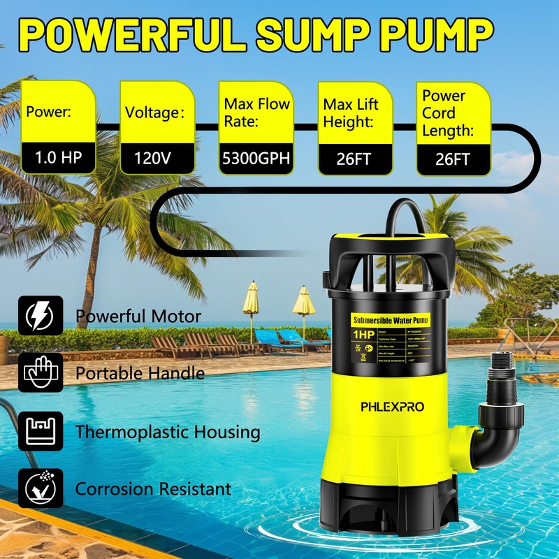 Submersible Water Pump 1HP 5300GPH High Flow Clean/Dirty Water Transfer