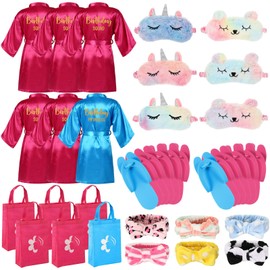 Shihanee 30 Pcs Spa Birthday Party Supplies for Girls 6 Set Sleepover Party Satin Robes Kids Pack Birthday Princess Squad Kit(Blue, Rose Red)