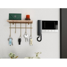 EMHELLE Wall Shelf Wooden Golden Colours Metal Frame Shelf Wall Hanging Shelf Kitchen Shelf Bookcase Floating Shelf Shelves for Walls Living Room Children's Room Kitchen (Pack of 1)