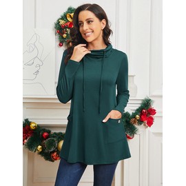 Bulotus Tunics for Women to wear with Leggings Long Sleeve Cowl Neck Sweaters, Dark Green, X-Large