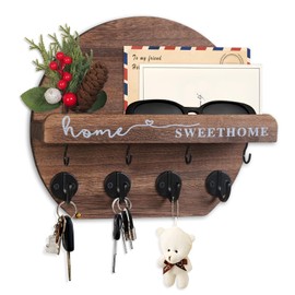 Key Holder for Wall Key Hooks Wall Mounted with Dried Flowers with Shelf and Wooden Key Holder Round Key Rack for Entryway Mudroom Hallway Kitchen Office (Brown)