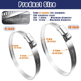 maierke 6PCS 304 Stainless Steel Hose Clamp,4PCS 10 Inch and 2PCS 8 Inch Duct Clamp,Adjustable 7.64"-8.5"/194-216mm and 9.5"-10.5"/251-273mm Heavy Duty Worm Gear Hose Clamps