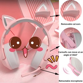 Headphone Pink Gaming Headset with Removable Cat Ears, with Surround Sound,Light Noise Cancelling Retractable Microphone