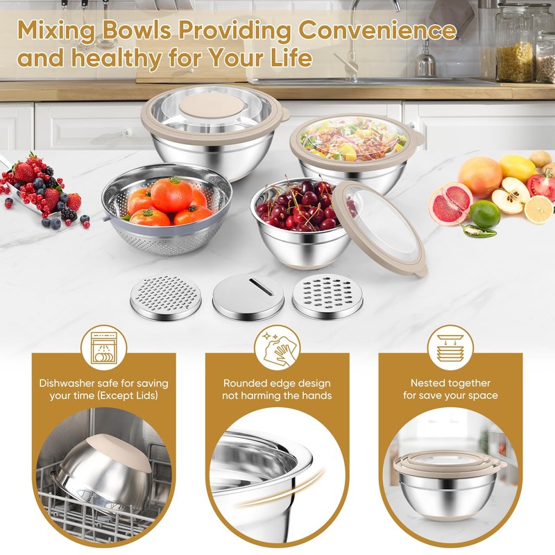P&P CHEF Mixing Bowls with Lids Set of 3, Stainless