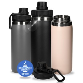 Trinkflasche Edelstahl 550 ml 'Stockholm' - vakuumierte Thermosflasche ist Kohlensäure geeignet - Wasserflasche für Kinder & Erwachsene aus BPA-freien Material - Flasche für unterwegs, Farbe:schwarz