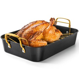 MICHELANGELO Roasting Pan with Rack, Carbon Steel Turkey Roasting Pan for Oven and Induction, Nonstick Turkey Roaster Pan with Stainless Steel Golden Rack & Golden Handle, 15 Inch x 11 Inch