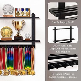 LAVIEVERT LAVIEVERT Wooden Medal Hanger & Trophy Shelf, Wall-Mounted Race Medal Display with 2 Tier Storage Shelf, Medal Holder Trophy Rack with 19 Hanging Bars - Black
