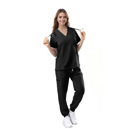 Bovchies Women’s Scrub Set, V-neck Top & Jogger Pants with 9 Pockets, Yoga Medical Uniform Nursing Scrubs for Women Set