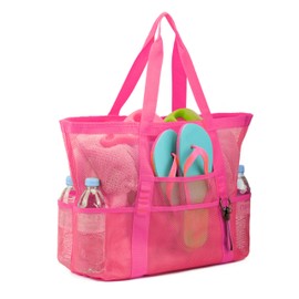 TOPASION - Bolsa grande de malla para playa, ligera, para juguetes de arena, bolsas de comestibles, bolsas de compras reutilizables, Rosa Rojo