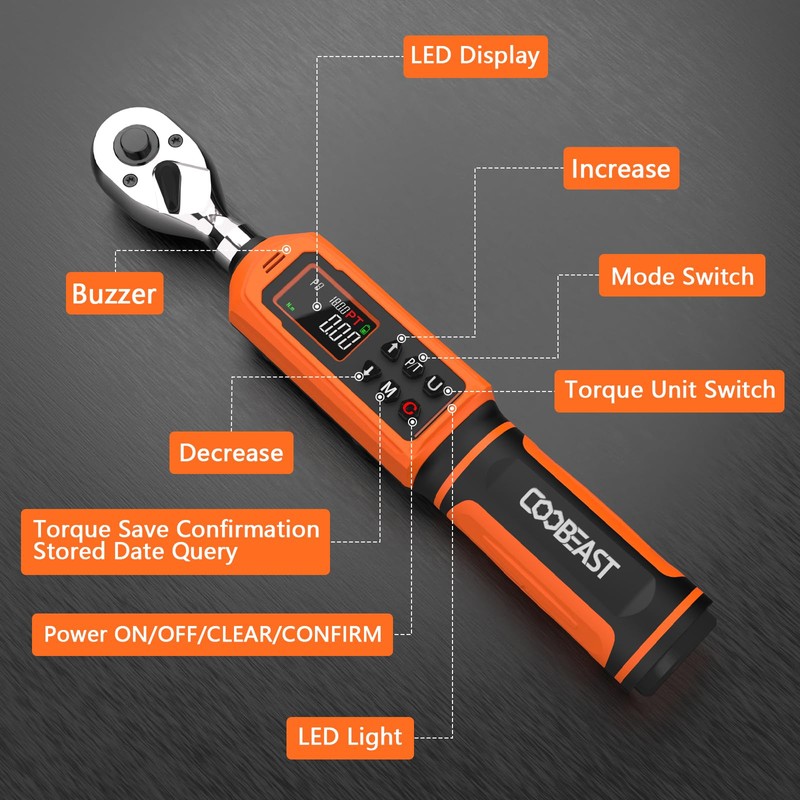 coobeast Digital Torque Wrench, 3/8 Drive Electronic Torque Wrench Set