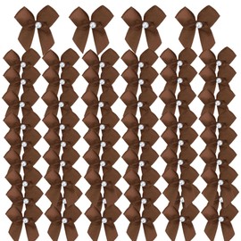 Meseey 60pcs Mini Satin Ribbon Bows with Pearl Ribbon Flowers Appliques DIY Craft for Sewing, Scrapbooking, Wedding, Gift,Christmas Decoration (Brown)