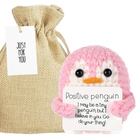 Positive Penguin Crochet Emotional Support Gift & Linen Gift Bag | Cute Positive Gifts, Pocket Hug | Inspirational Gifts For Women, Men, Friends, Work Colleagues | Good Luck, Mental Health