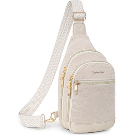 Packism Small Sling Bag for Women - Canvas & PU Leather 7 Pockets Crossbody Bags for Women Fanny Pack Chest Bag for Travel, Anti-Theft Wide Opening, 6.3x3.4x11.8, Beige