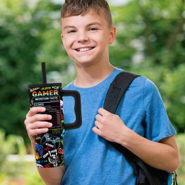 Game Gifts for Men Boys, Gamer Tumbler with Handle and Straw 24 Oz, Stainless Steel Gaming Insulated Travel Mug Cup Stuff, Gamer Birthday Gifts for Kids Boy Him Son Dad Husband