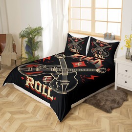 Guitar Print Duvet Cover Rock Music Bedding Set Black and Red Comforter Cover for Boys Girls Kids Room Decor Hip Hop Style Lightweight Bedspread Cover Twin Size with 1 Pillow Case