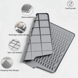 Silicone Dish Drying Mat for Kitchen Counter, Non-Slip Dish Drainer Mat with Built-in Drain, Dish Drying Tray for Countertop, Dish Drain Board for Kitchen Sink (Gray, 16''X13'')