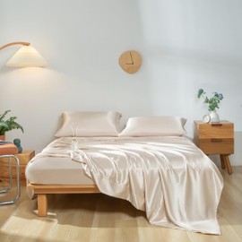 Revdomfly 4 Pcs King Size Luxury Silky Soft Gold Satin Sheet Set,1 Premium Moisture Wicking Fitted Sheet Fits Up to 16 Inches Deep Pocket + 1 Flat Sheet + 2 Pillowcases（Gold, King）