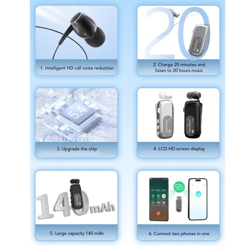 Retractable Headset, Ergonomic Clip On Bluetooth Headset with Vibration Alert