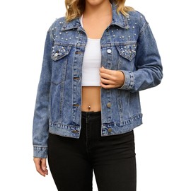 CIMUK Women's Jean Jacket Trendy Spring Long Sleeve Button Up Pearl Denim Jackets X-Large Blue
