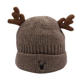 MOSSTYUS Cute Reindeer Moose Hat Winter Warm Knitted Beanie Cap Fleece Lined Crochet Antler Beanie Ski Skull Cap for Adults,Khaki