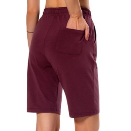 Ksmien Bermudas - Pantalones cortos largos de algodón de 10 pulgadas para mujer, pantalones cortos deportivos con bolsillos, Burgundy, M