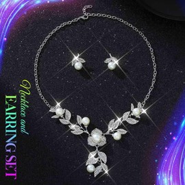 Brishow Leaf Wedding Jewelry Sets Rhinestone Pearl Necklace Costume Silver Necklaces and Earrings Set for Women and Brides (Silver)