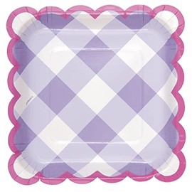 Unique 25534 Square Paper Plates-18 cm-Pastel Gingham Party-8 Count (Pack of 1), Multicolour